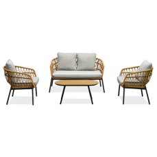 Autronic - Zahradní set 1+1+2, stůl 90x48, židle a dvojsedačka, přírodní umělý ratan, kov antracit, světle šedá látka - AZ-L1880 NAT