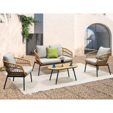 Autronic - Zahradní set 1+1+2, stůl 90x48, židle a dvojsedačka, přírodní umělý ratan, kov antracit, světle šedá látka - AZ-L1880 NAT