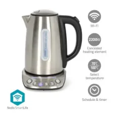 Nedis KAWK8000WIFI strieborná / Rýchlovarná kanvica / 2200 W / 1.7 l / Nerezová Oceľ / ukazovateľ teploty / Wi-Fi (KAWK8000WIFI)